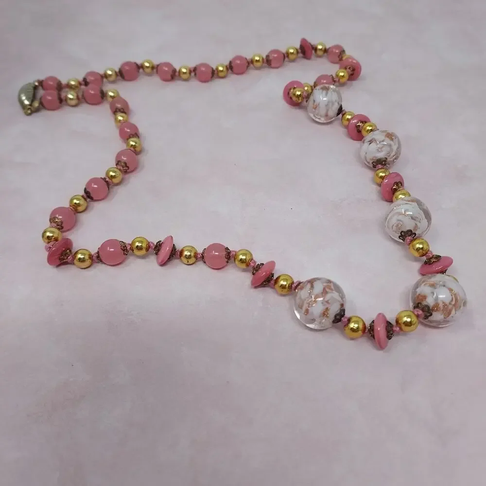 Vintage Pink Art Glass Mixed Bead Necklace Hand Knotted Gold Tone Push Clasp 23